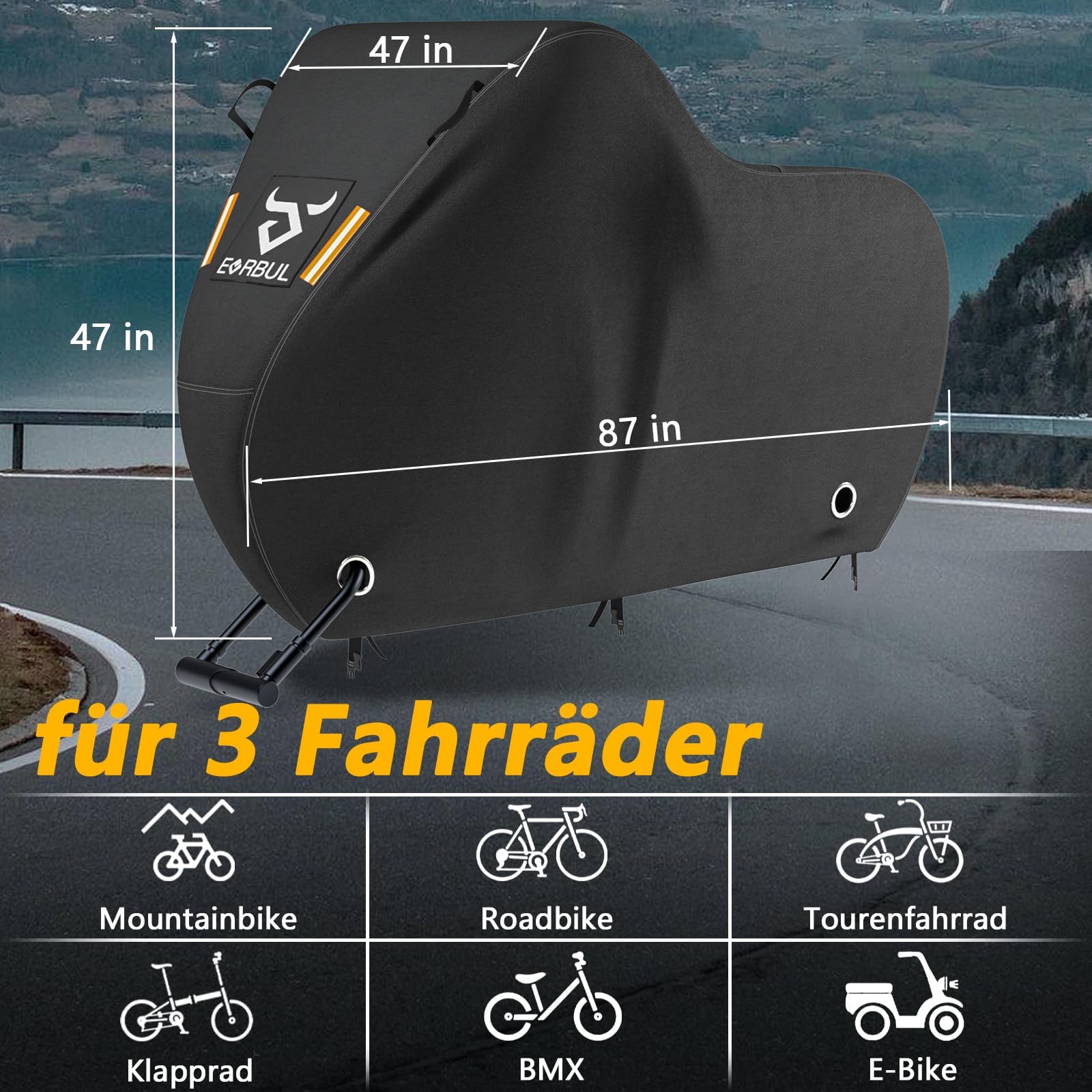 EVRBUL Funda para bicicleta para 2-3 bicicletas, 221 x 119 x 119 cm, resistente al agua, con apertura de candado, 420D, tejido fuerte, lluvia, sol, cortavientos, bicicleta de montaña, bicicleta de