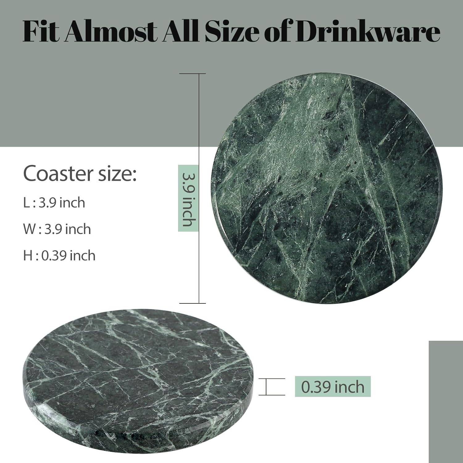 Koville Green Marble Coasters Set of 6, 3.9 Inch Round Coaster for Drinks, Drink Coaster for Tabletop & Coffee Table Decor, Ideal Home Decor House Warming Gifts, Luxury Aesthetic Stone Coasters