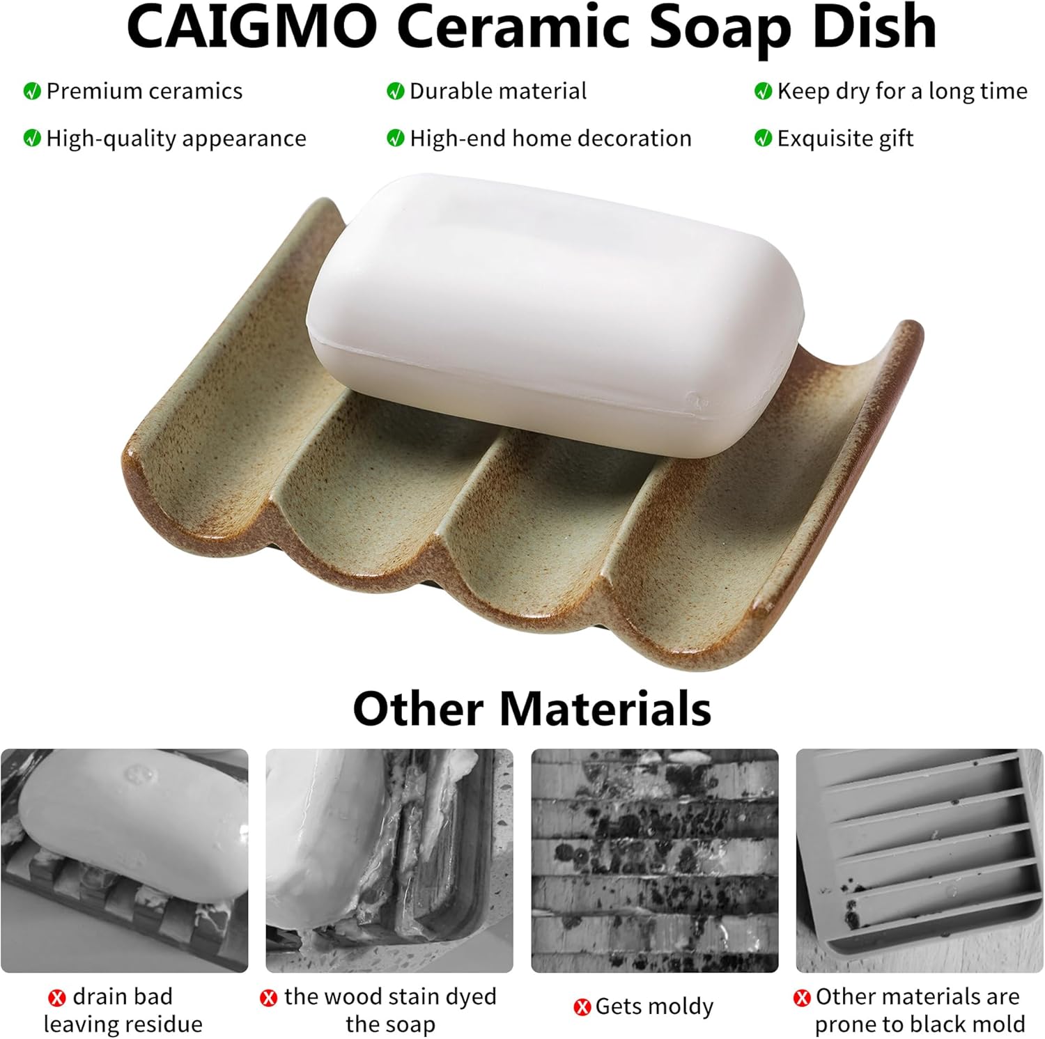 Soap Dish with Drainage, Ceramic Soap Bar Holder Tray for Shower Decorative Square Soap Saver for Bathroom Sink, Kitchen and Countertop White, Retro Green 1 Pcs - Image 7