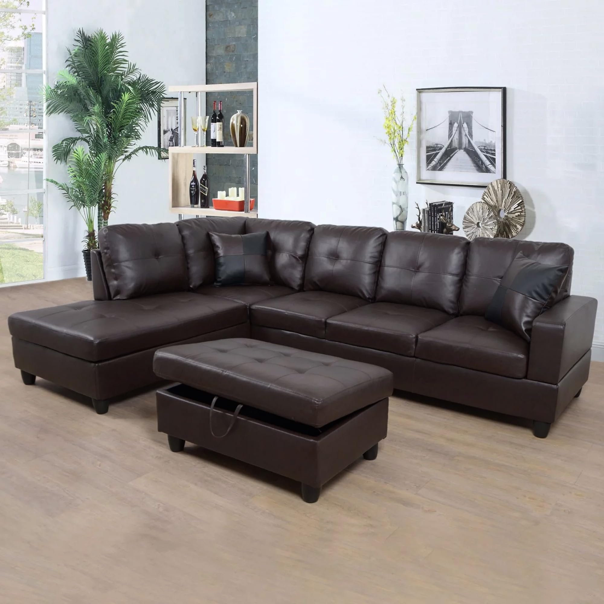 Photo 1 of **DOES NOT INCLUDE OTTOMAN** Sectional Set L Shape Couch, Faux Leather 5-seat Sofa with Storage Ottoman & Pillows, Left Hand Facing, Brown