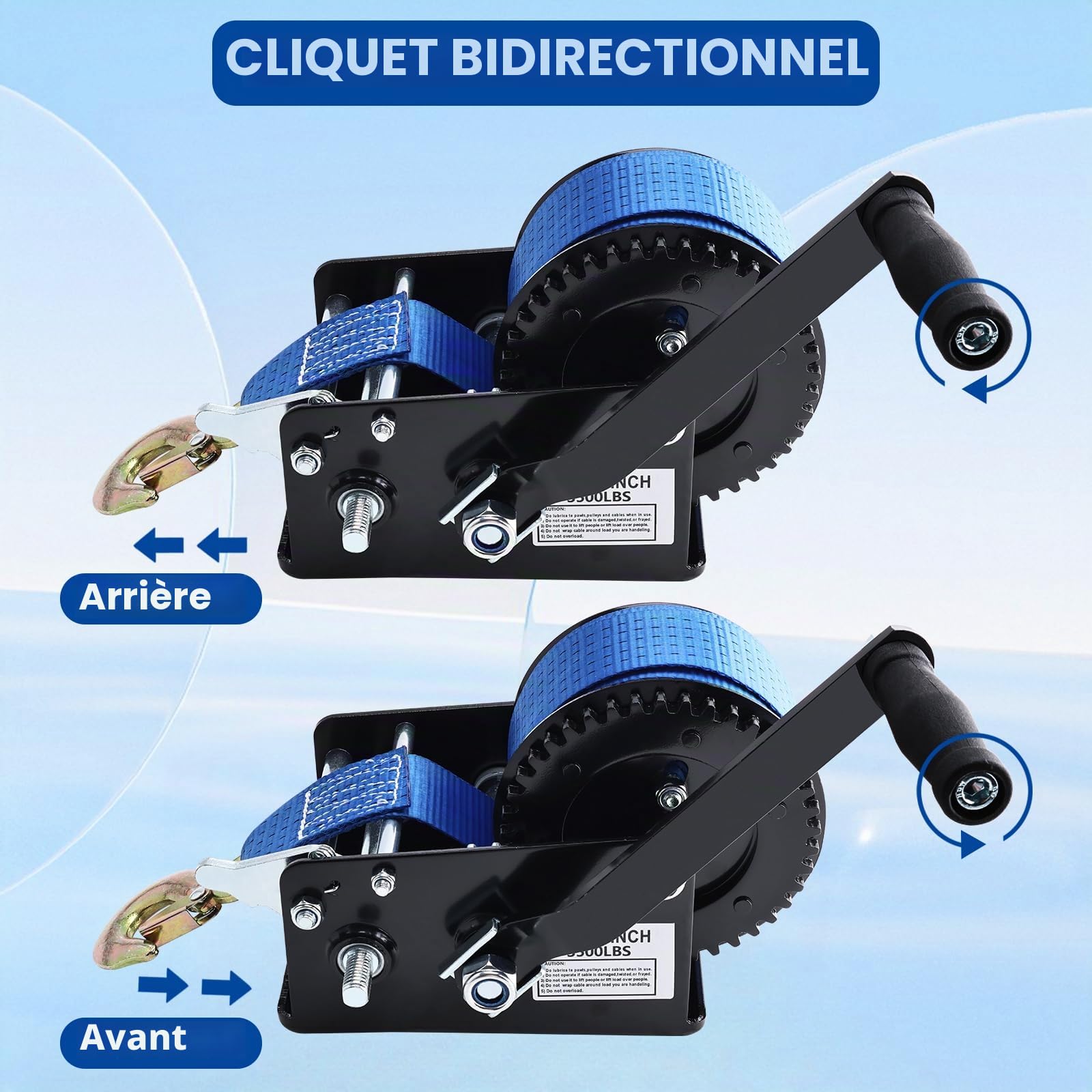 FreeTec 1587 kg de treuil manuel | 10 m de sangle de levage en polyester (50 mm) | Boîte de 2 vitesses pour bateaux et camions
