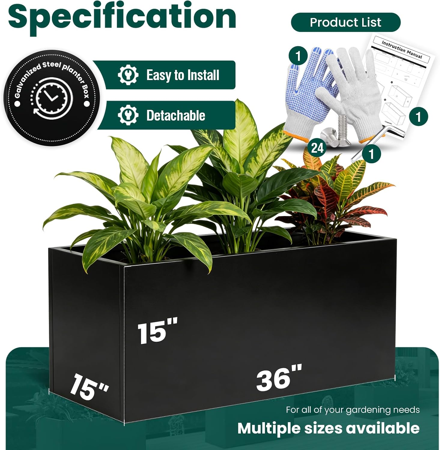 Metal Rectangular Planter Black Galvanized Steel Rectangle Planter Box 36" L x 15" W x 15" H Large Planter for Outdoor Indoor Plants Porch Patio Backyard