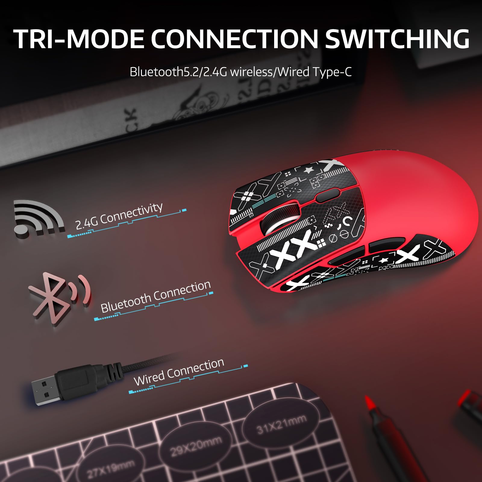 MAMBASNAKE R1 bezprzewodowa mysz do gier 59 g z trzema trybami i antypoślizgowymi naklejkami, łączność 2,4 GHz/Bluetooth/przewodowa,5 programowalnych przycisków,6 regulowanych DPI do 18000-czerwony