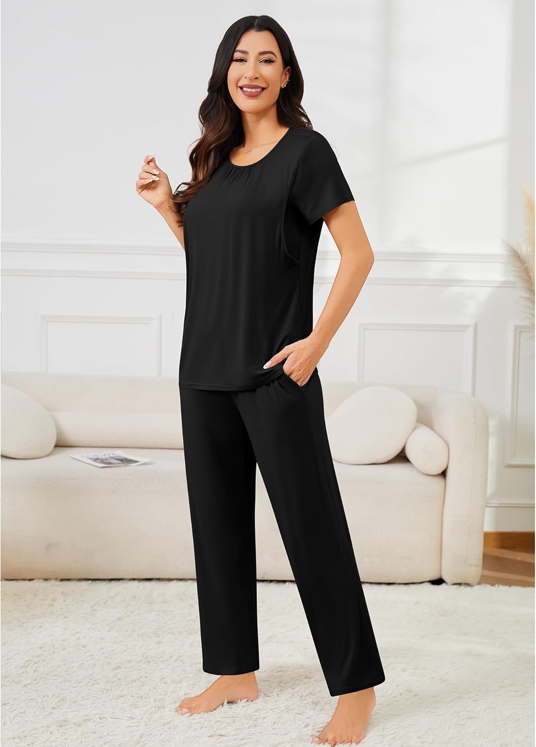 SWOMOG 3PCS Maternity Nursing Nightgown & Pajamas Set Short Sleeve Pjs for Breastfeeding Hospital Pregnancy Lounge Sets - Image 7