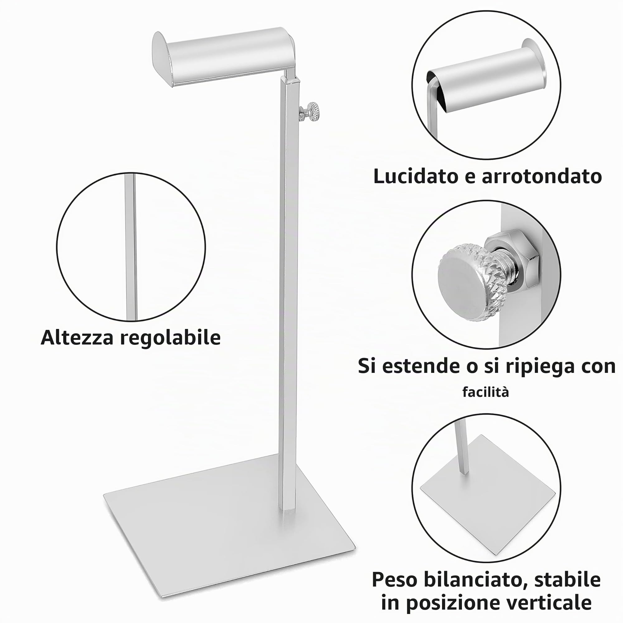 Porta Borse Regolabile [2pz] - Espositore da Terra per Borse e Gioielli, Supporto Borse in Acciaio Inossidabile - Altezza Regolabile, Base Stabile - Argento Metallizzato Lucido