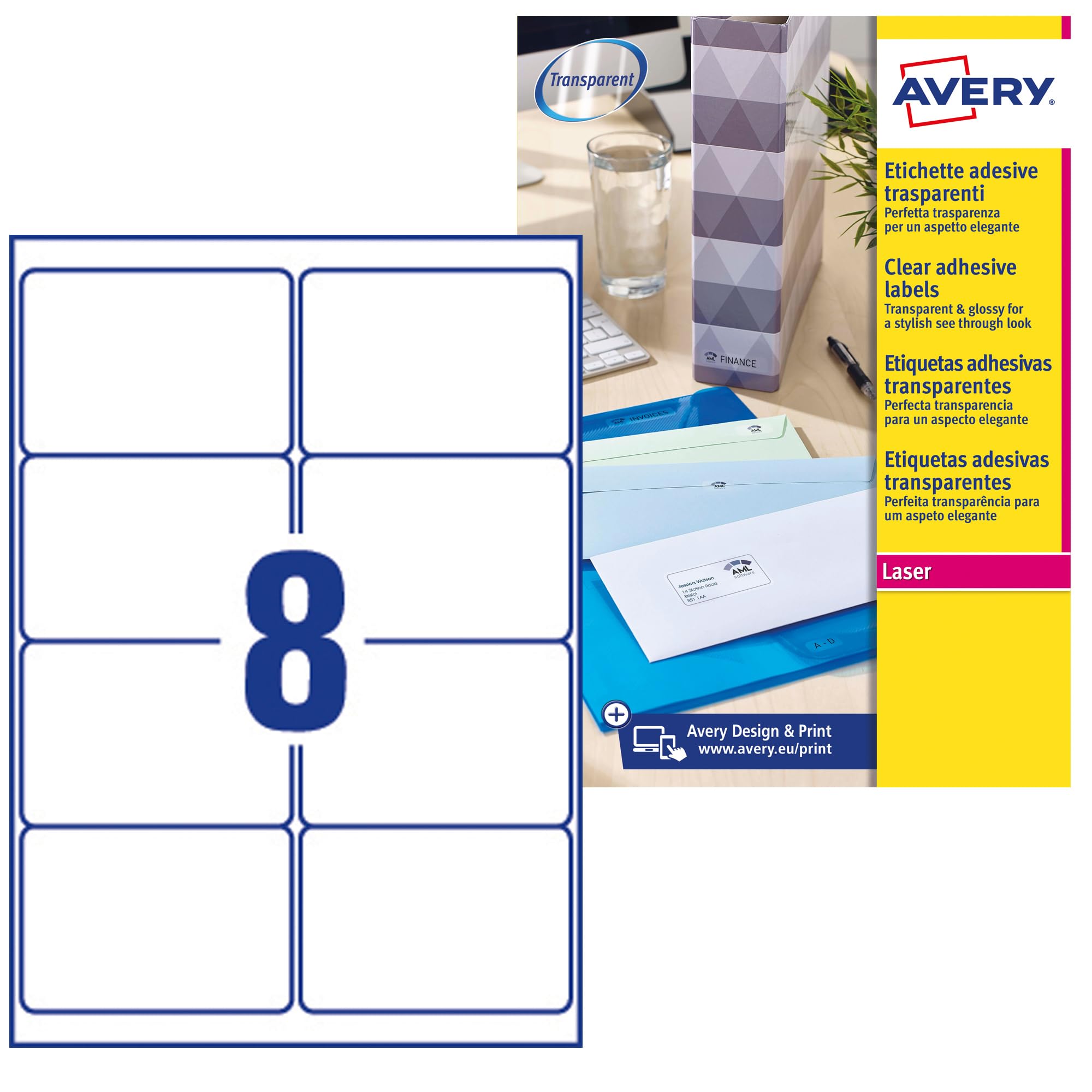 Avery Italia L7565-25 Etichette adesive trasparenti lucide, 25 fogli A4, rettangolari 99,1x67,7mm, 8 etichette per foglio, adesivo permanente, stampanti laser
