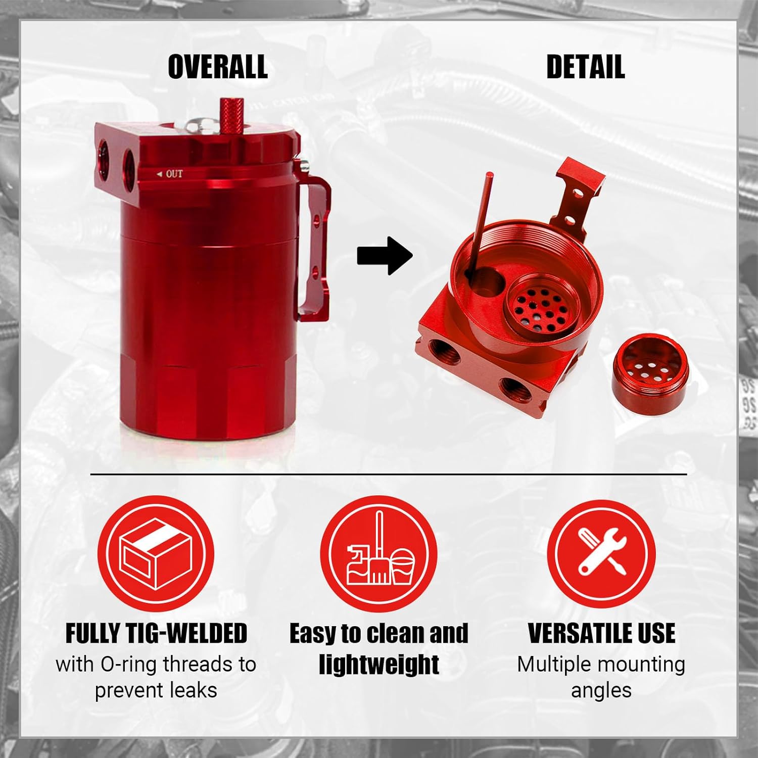 RULLINE Oil Catch Can Kit Oil Separator Reservoir Tank Engine Polish Baffled Compatible with Ford F150 2.7EB 3.5EB 5.0 Passenger Side 2011-2019 Aluminum Red