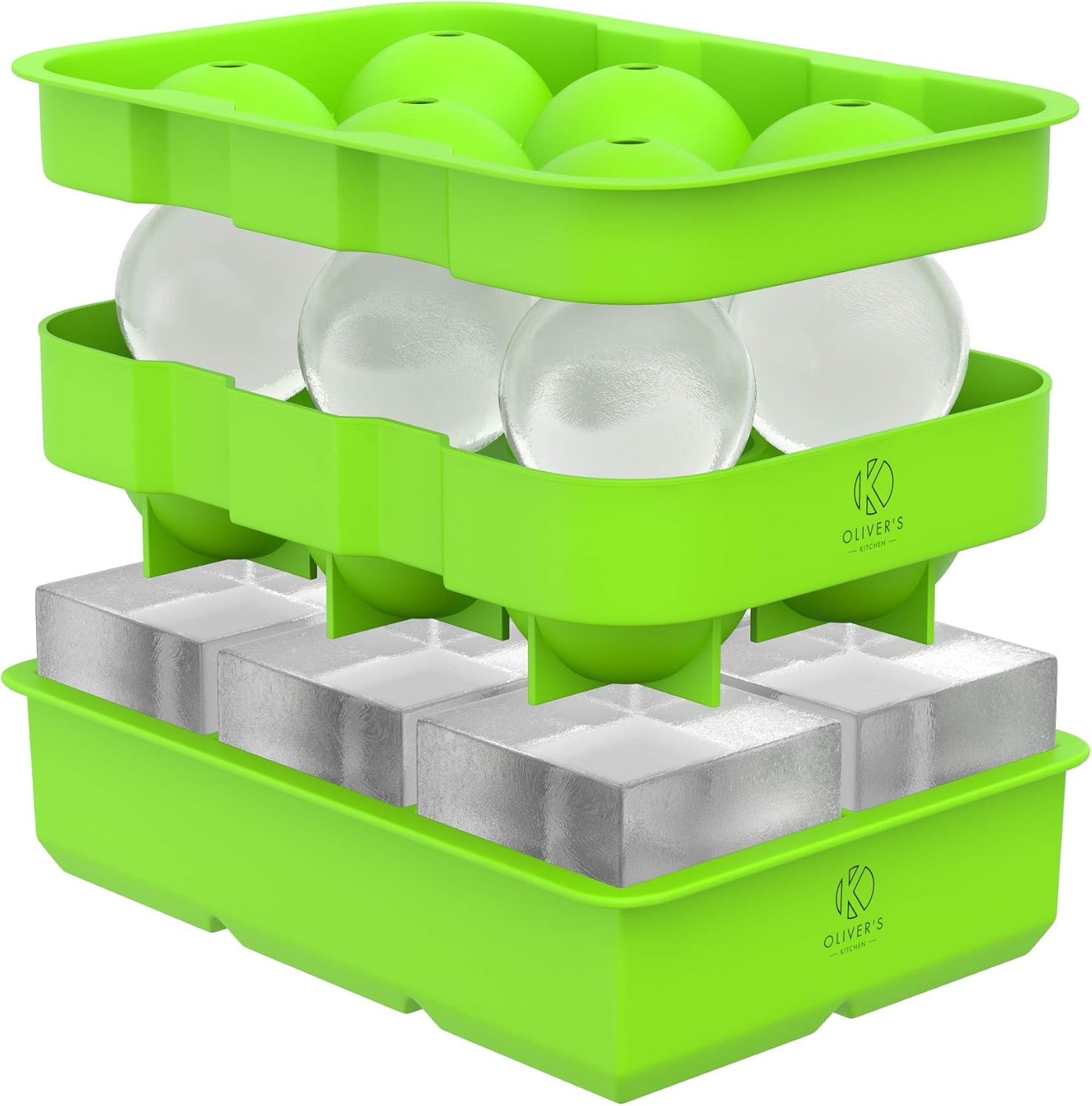 Oliver's Kitchen ® 2x Ice Cube Tray Set - Cocktails, Whiskey & Drinks Ice Cool for Longer - Large Ice Cube Molds, Less Dilution - Easy to Remove Ice Balls & Squares - Fresher Ice with Stackable Lid