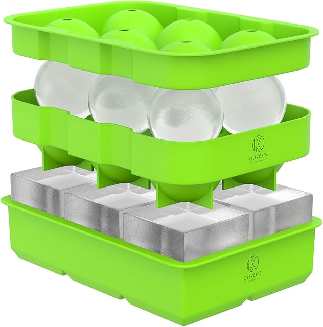Oliver's Kitchen ® - 2 x Ice Cube Tray Set - Keep Gin, Whisky & Drinks Ice Cool for Longer - Large Ice Cube Moulds, Less Dilution - Easy to Remove Ice Balls & Squares - Fresher Ice with Stackable Lid