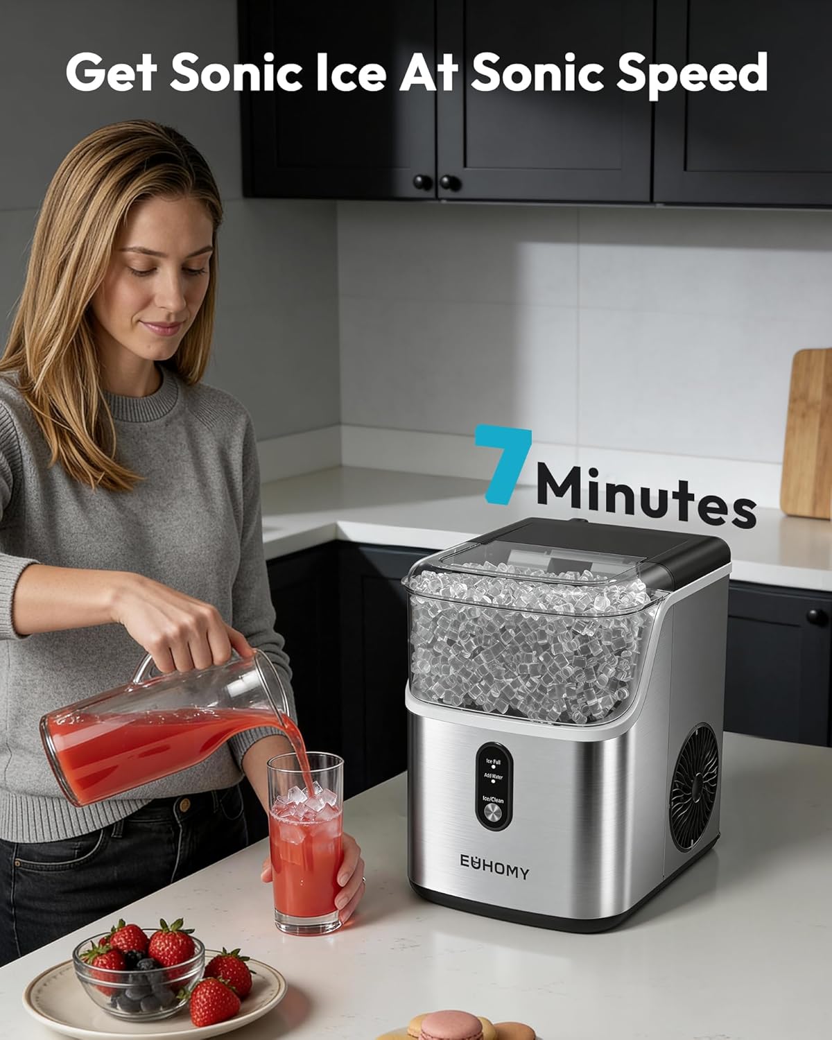 EUHOMY Nugget Ice Maker Countertop, Ready in 7 Mins, 34Lbs/24H Pebble Ice Maker Machine, Self-Cleaning Countertop Sonic Ice Makers with Ice Scoop&Basket, Pellet Ice Maker for Home, Stainless Steel Stainless Steel 34LBS/Day