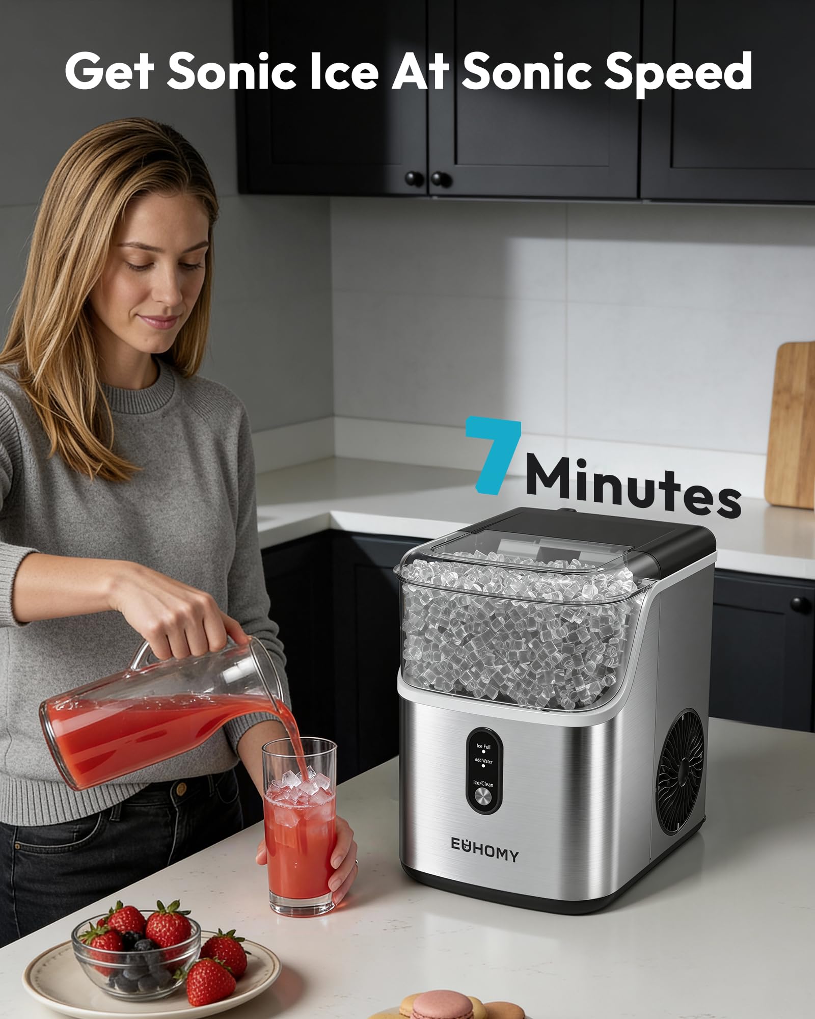 Euhomy Nugget Ice Maker Countertop, Ready In 7 Mins, 34lbs/24h Pebble Ice Maker Machine, Self-Cleaning Countertop Sonic Ice Makers With Ice Scoop&Basket, Pellet Ice Maker For Home, Stainless Steel on Fridge.com - View 2