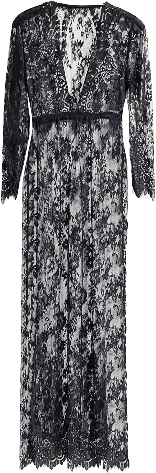 Women Nightdress Long Sleeves Chemises Lingerie Crotchless Costume Party Dress Transparent Negligee Lace Chic V-Neck Nightwear Black, M-3XL