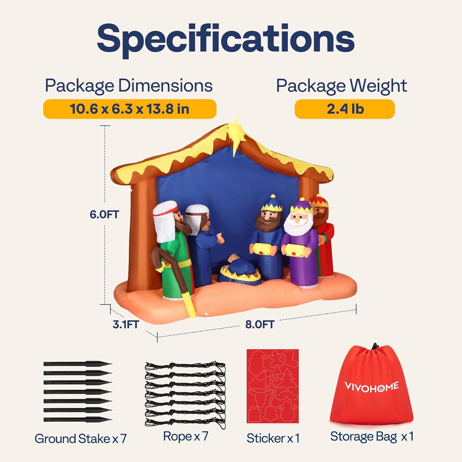 VIVOHOME 8FT Christmas Inflatable Outdoor Decoration, Nativity Scene Set, Navidad Blow Up Yard Decor with Built-in LED Light for Lawn, Garden, Party