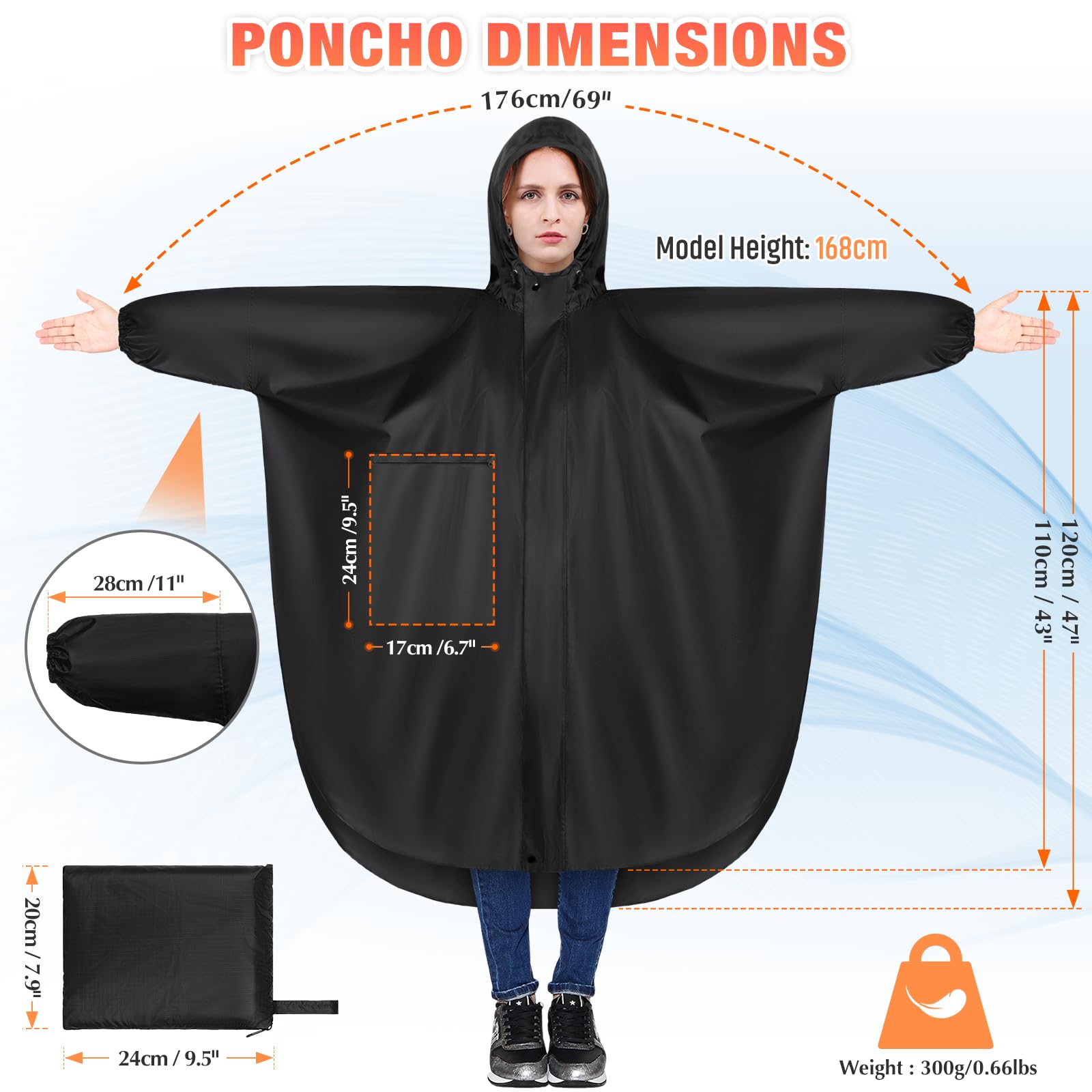 LUROON Poncho Pluie Imperméable avec Capuche Cape de Pluie Pliable avec Poches Bandes Réfléchissantes, Poncho Imperméable Unisexe Poncho Pluie Réutilisable,Cape de Pluie pour Randonnée Voyage Cyclisme