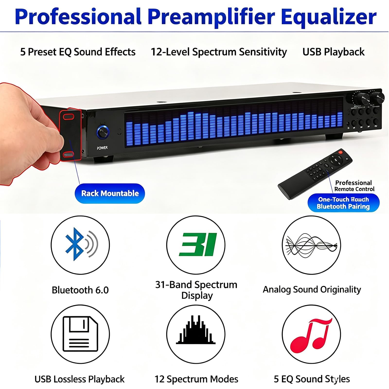 Ecualizador Gráfico Estéreo Digital De 31 Bandas, Ecualizador De Ajuste De Ecualización, Con 5 Modos De Ecualización Preestablecidos, Control Remoto, Entradas Rca/óptica/coaxial, Para Estudio De