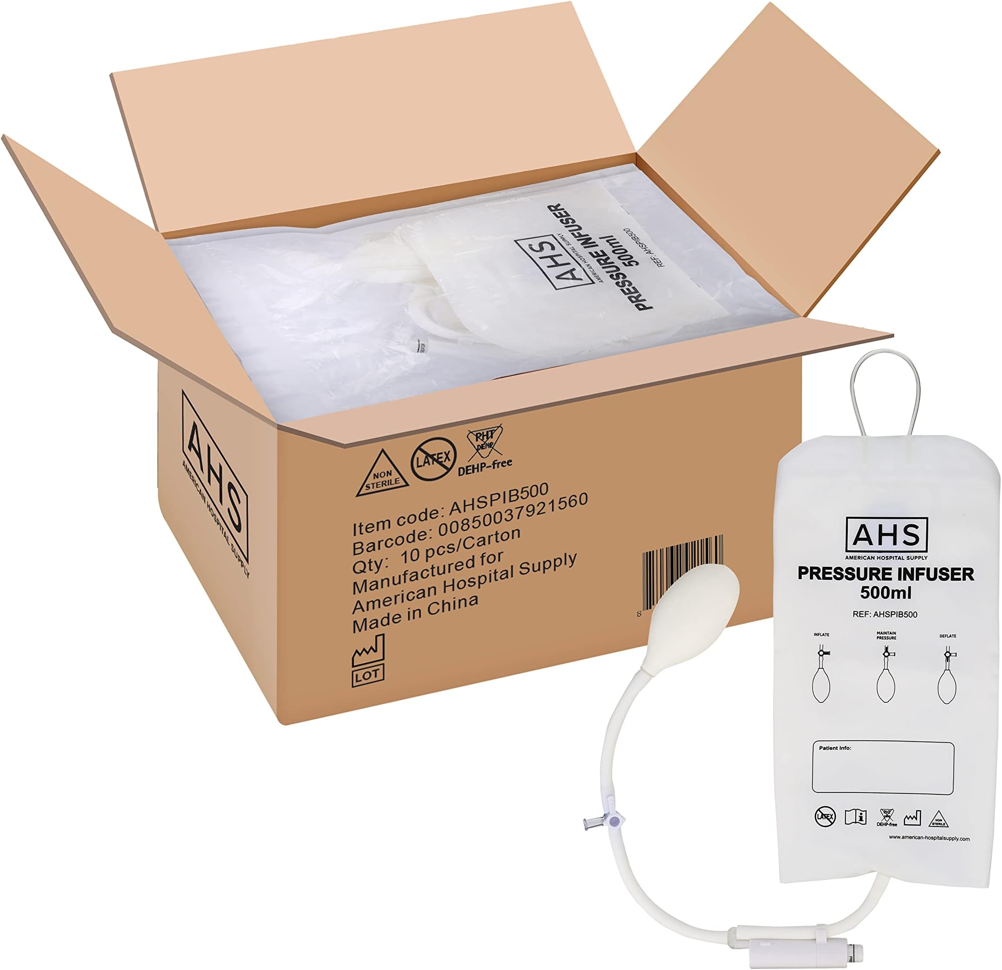 American Hospital Supply Medical Pressure Infusion Bag – [Pack of 10] 500ml, IV Pole Infusion Sack with 3-Way Stopcock, Color-Coded Gauge | Medical Supplies & Equipment