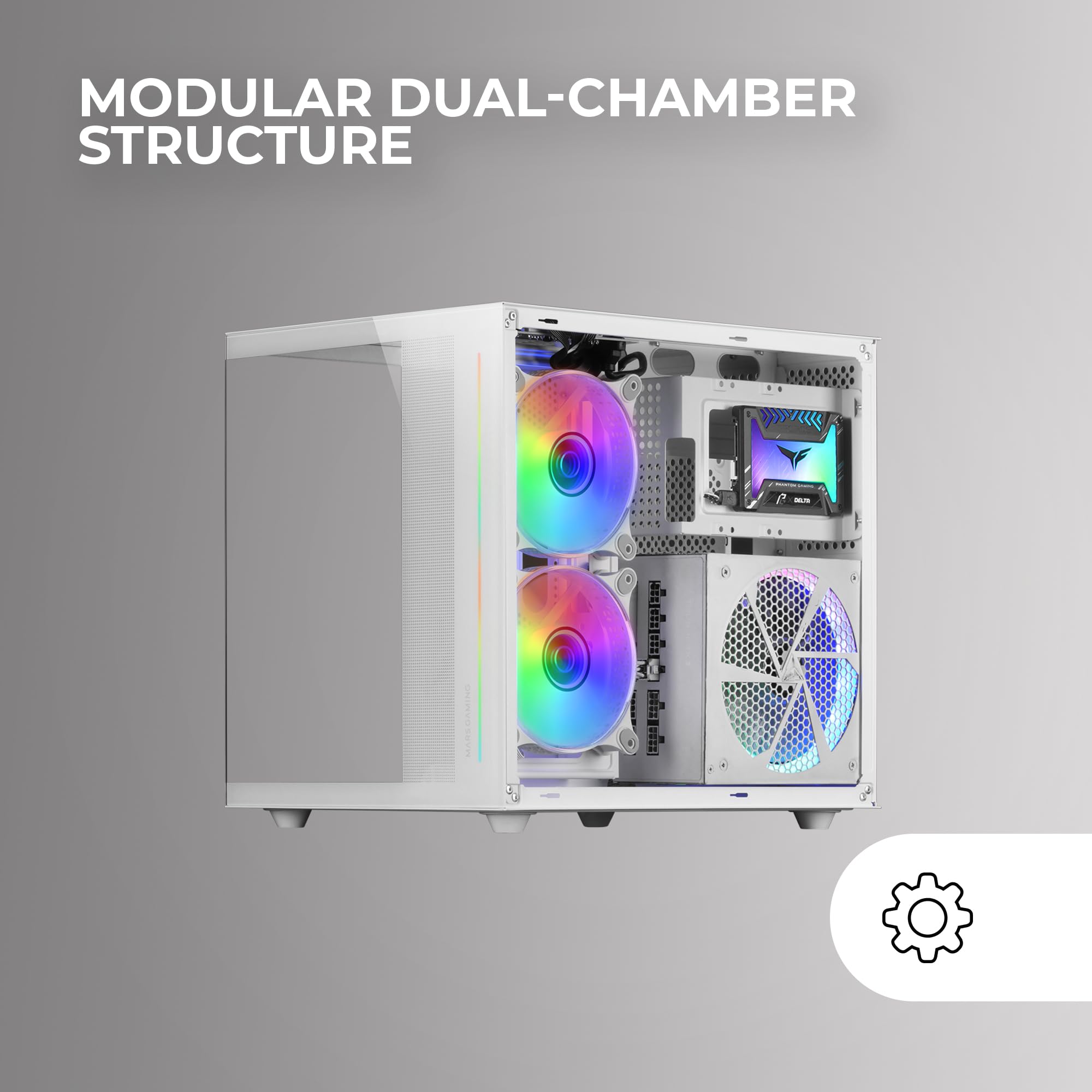 Mars Gaming MCVIEWW, Wit, Micro-ATX Mini-Tower Gaming Case, 90° Frameloos Gehard Glas, Modulair Dual Chamber Frame, Volledig Vloeistofgekoelde Case- ondersteuning