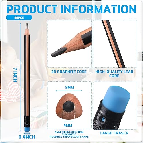 Miniatura 2 de 96 lápices jumbo, grandes, grasos, gruesos, de agarre triangular, 2B, repuesto con borrador, lápiz grande de 7 pulgadas para niños, principiantes,