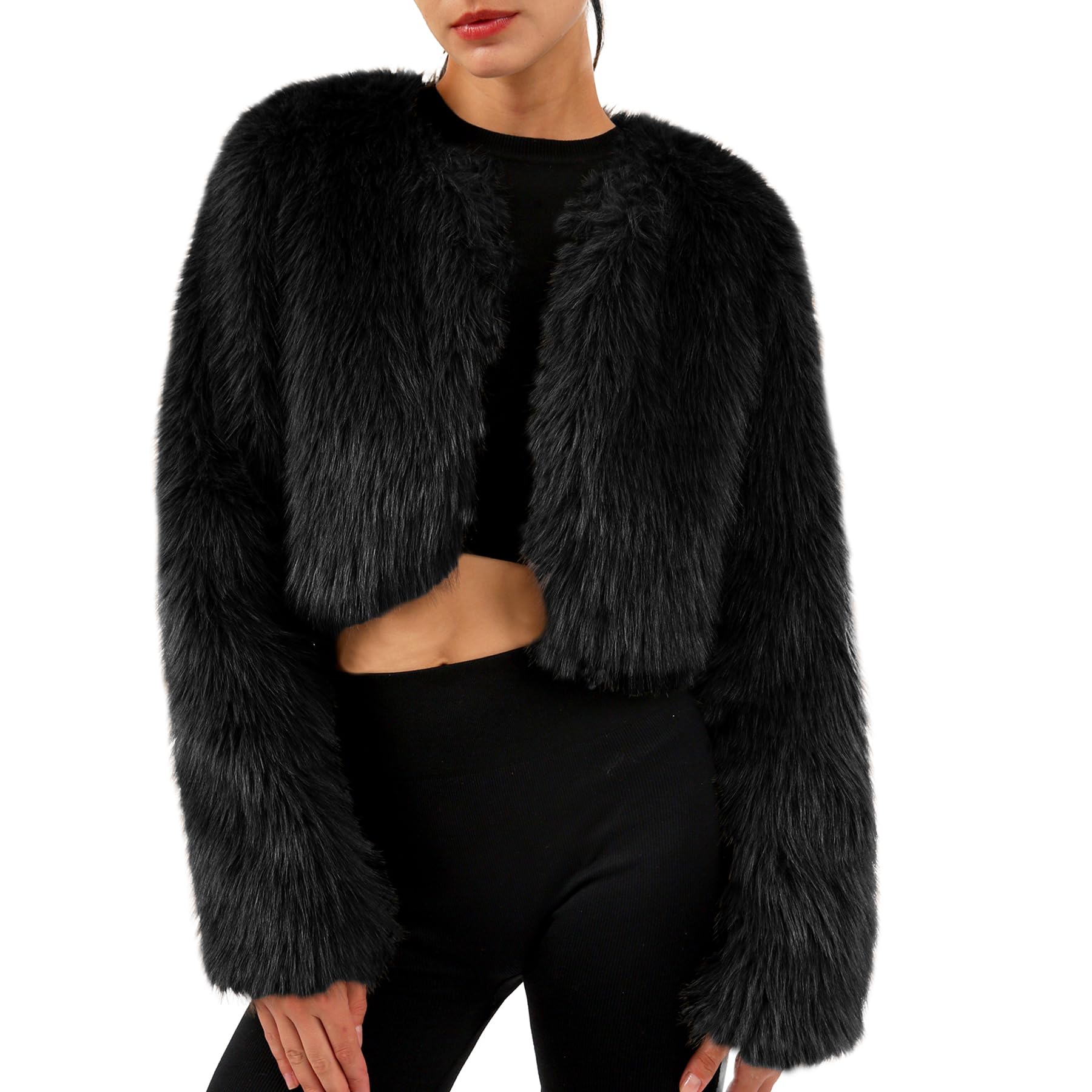 Winter Jackets Liddie Black Faux Fur Shaggy Cropped Jacket PINKO