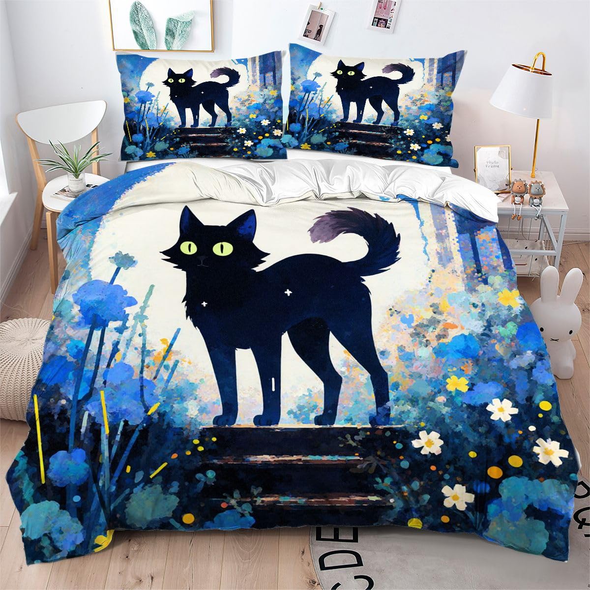 Parure de lit 160x200 chat bleu avec sa housse de couette et ses 2 taies d'oreiller