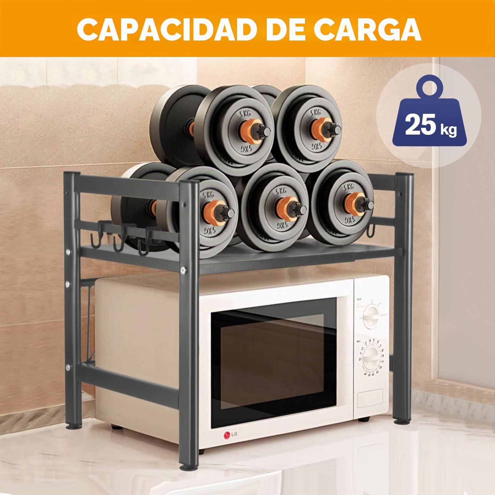 Estantería Extensible para microondas, estantería de Cocina, de pie, para microondas, de pie, Organizador de Cocina, con 6 Ganchos, Organizador para encimeras de Cocina (Gris, un-Nivel)