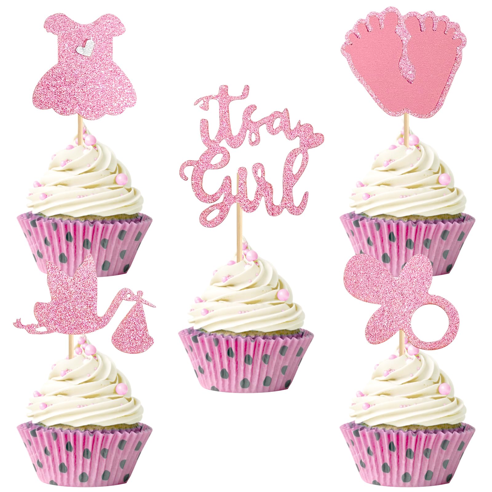 Teselife It's a Girl Pink Cupcake Cake Toppers, 30Pcs Baby Boy Shower Cupcake Topper Decoration Gender Reveal Kid Glitter Swan Pacifier Onesie Skirt Cake Topper Supply Birthday Party Muffin Decora