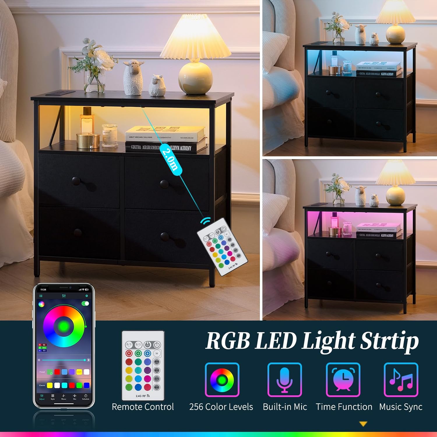Yoobure Night Stand with Charge Station, Nightstand with 4 Drawers Bedside Table, LED Dresser with Storage Shelf, Night Stands for Bedroom, Side Table 3-Tier Wood End Table for Home, Office Black