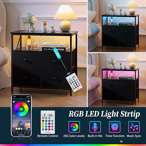 Miniatura 6 de Yoobure Mesita de noche con estación de carga, mesita de noche con 4 cajones, cómoda LED con estante de almacenamiento, mesitas de noche para