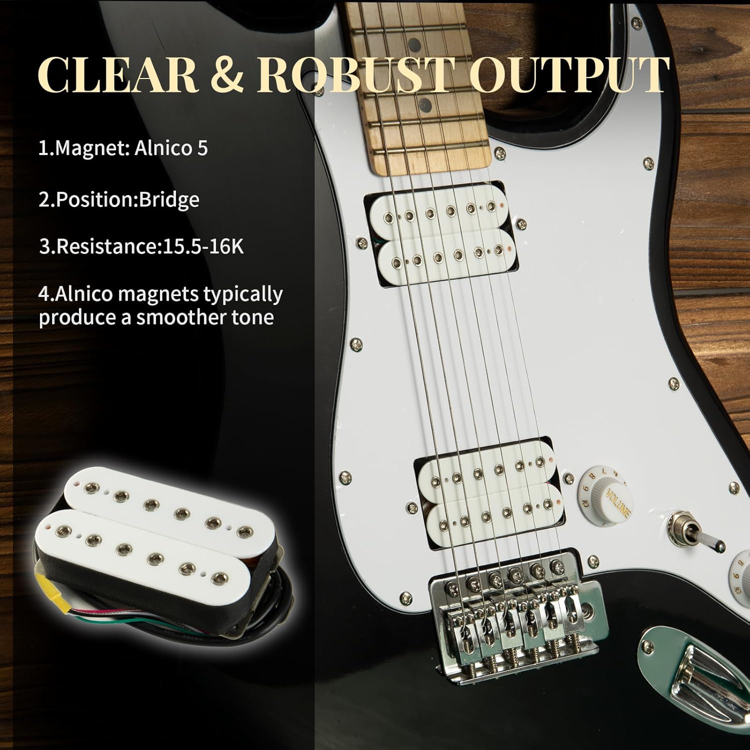 Pro HH High output Alnico 5 Adjustable Hexagonal Poles Humbucker Bridge Pickup 16.5K for Electric Guitar, White