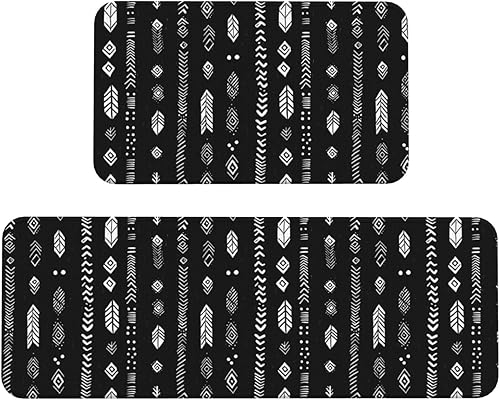 Antifatigue Kitchen Mats for Floor 2 Piece - Retro White Black Feathers Print Kitchen Rugs Non Slip Washable, Runner Rug Standing Mat for