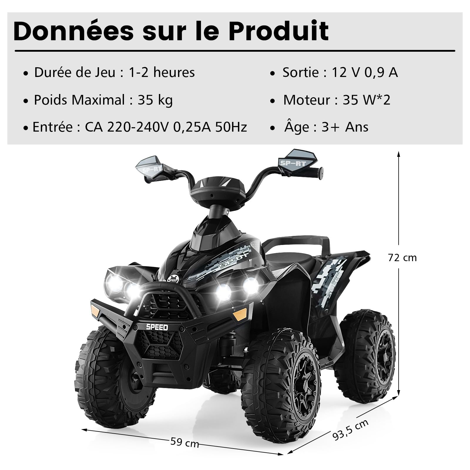 RELAX4LIFE Quad électrique Enfant 12 V, Voiture Électrique Enfants avec 2 Vitesses Réglables 2,2-4,3km/h, Lumières LED, Musique, ATV pour Enfant de 3-8 Ans, Noir (Noir)