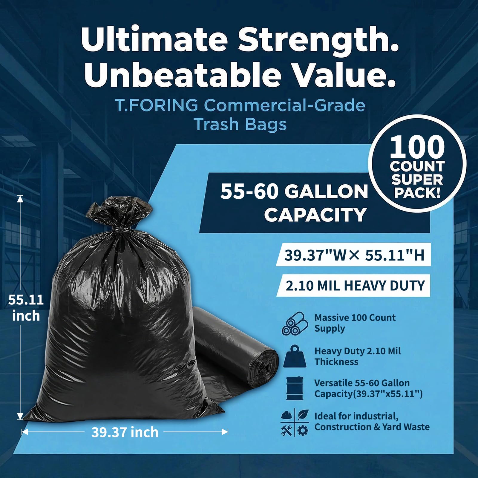 Bolsas de basura grandes para contratistas de 55 a 60 galones, 2.1 mil, 100 bolsas de basura resistentes, sin perfume, resistentes y resistentes, para construcción, patio, exterior, comercial