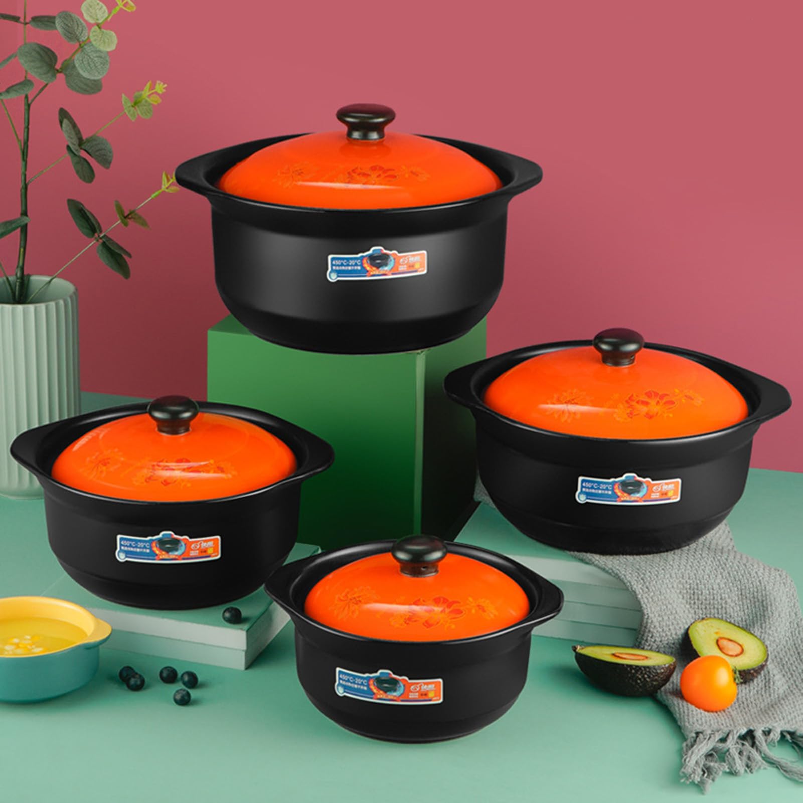Rondle Duże garnki Gliniane, do garnków glinianych z pokrywką Podwójny uchwyt Odporne na ciepło(1.8L/1.6Quarts)
