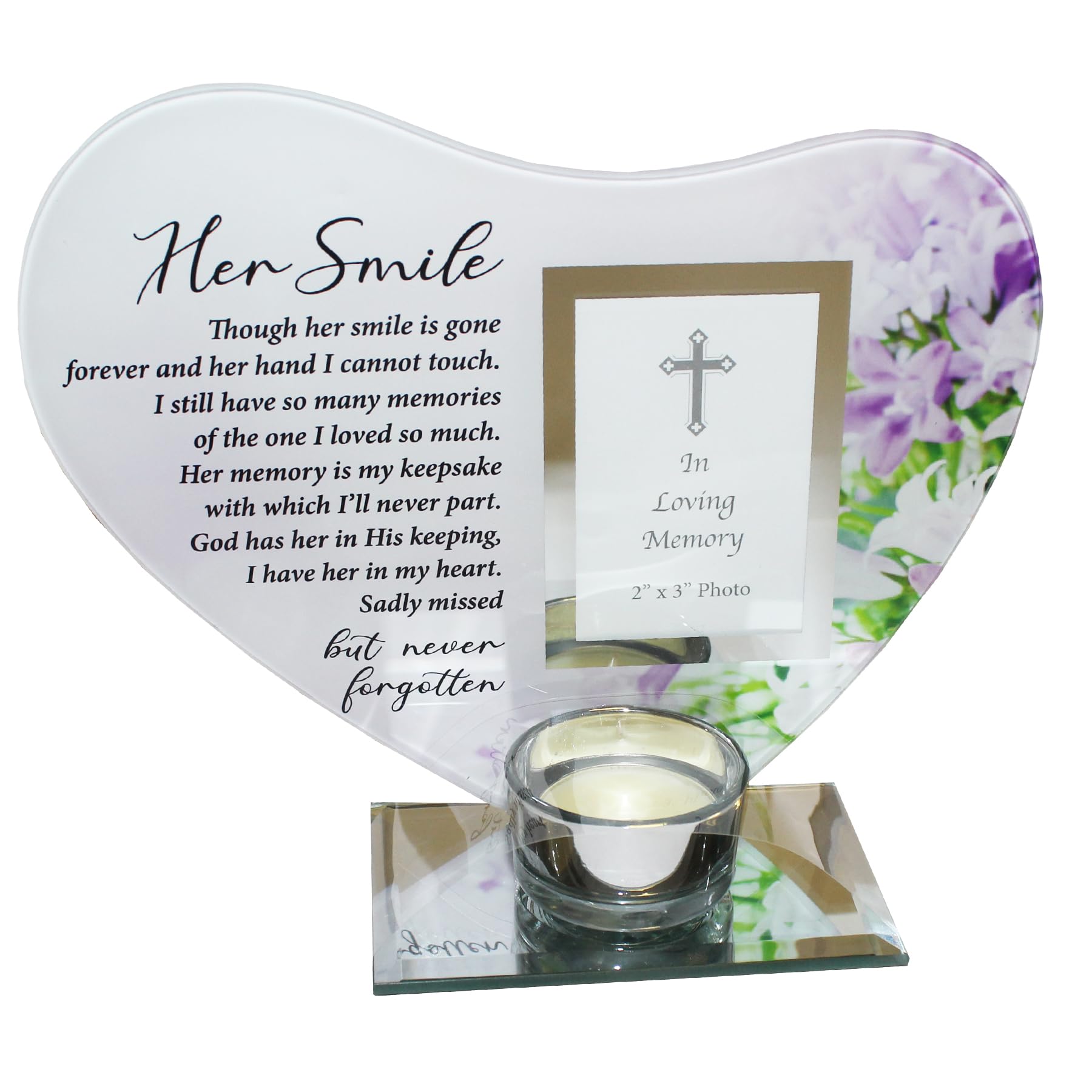 Memorial Glass Heart Votive Tea Light Candle Holder with Photo Frame Her Smile