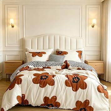 CLOTHKNOW Brown Floral Twin Comforter Set Sunflower Bedding Comforter Sets Checkerboard Plaid Bedding Sets, Reversible, Soft, All Season Comforter