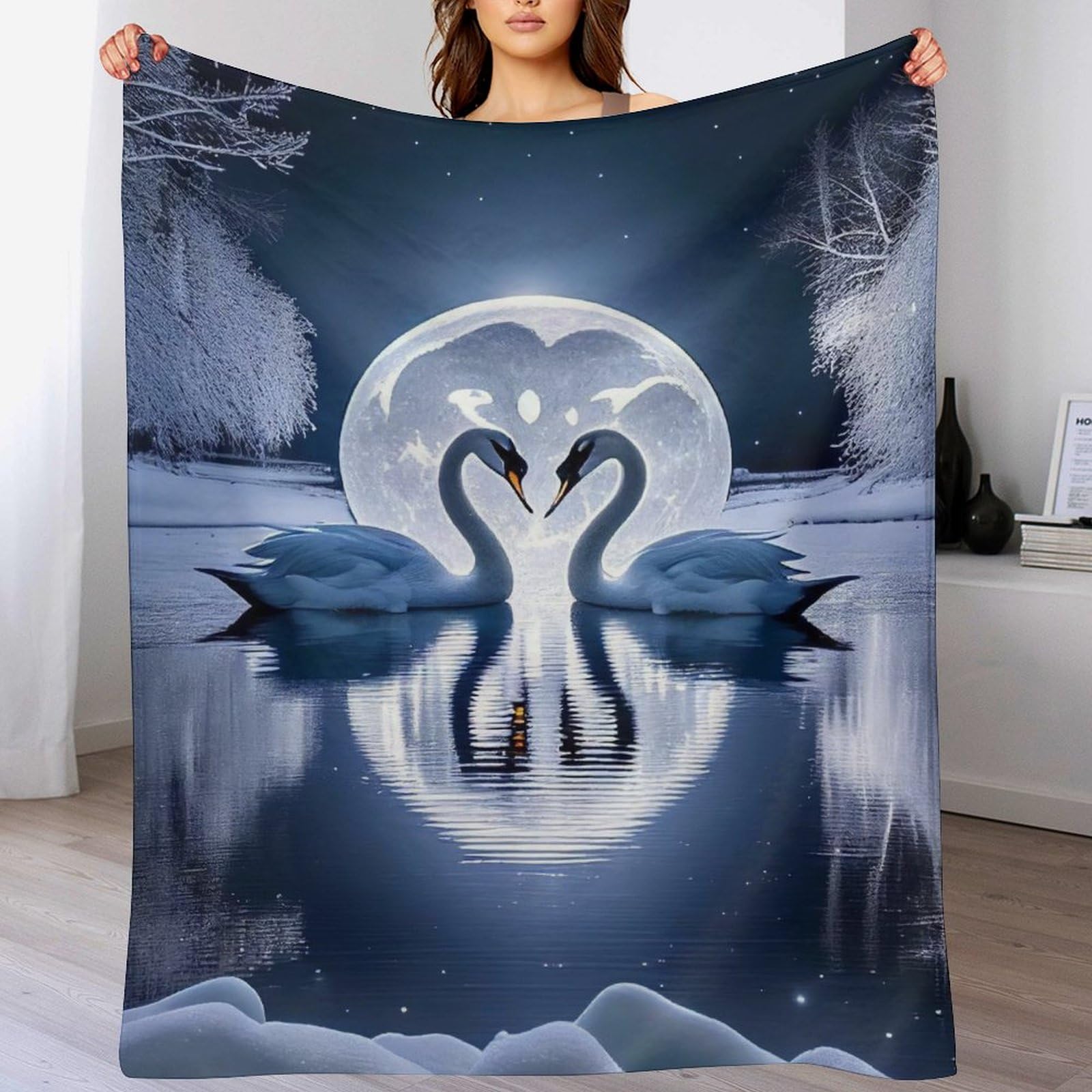 Couverture polaire légère motif cygne anti-froid pour canapé et lit d'appoint