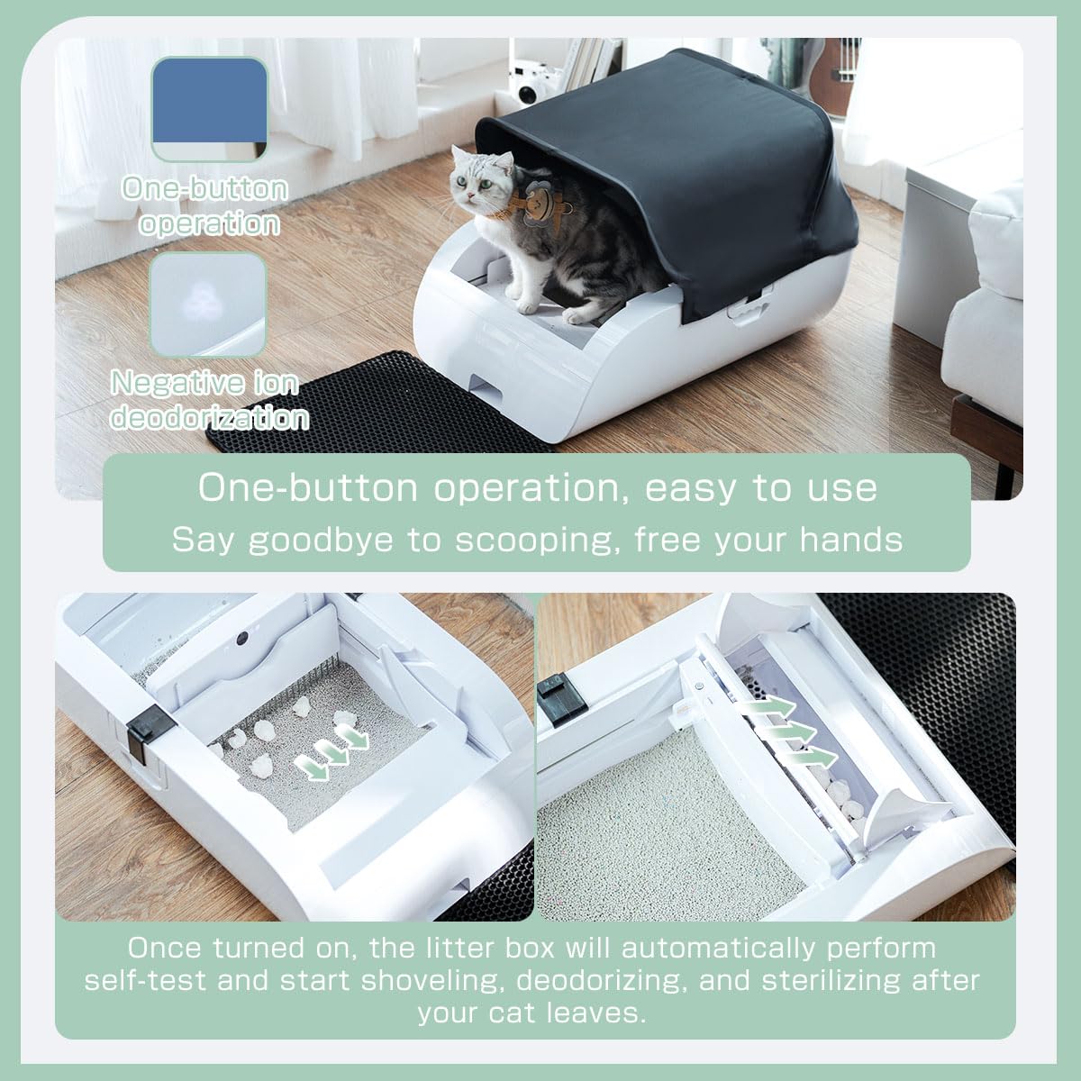 Bamboosang Lettiera Gatto Autopulente: Grande Lettiera Automatica per Gatti con Rimozione Dell'odore/Protezione Di Sicurezza, Lettiera per Gatti Autopulente con Cappuccio e Tappetino per Più Gatti