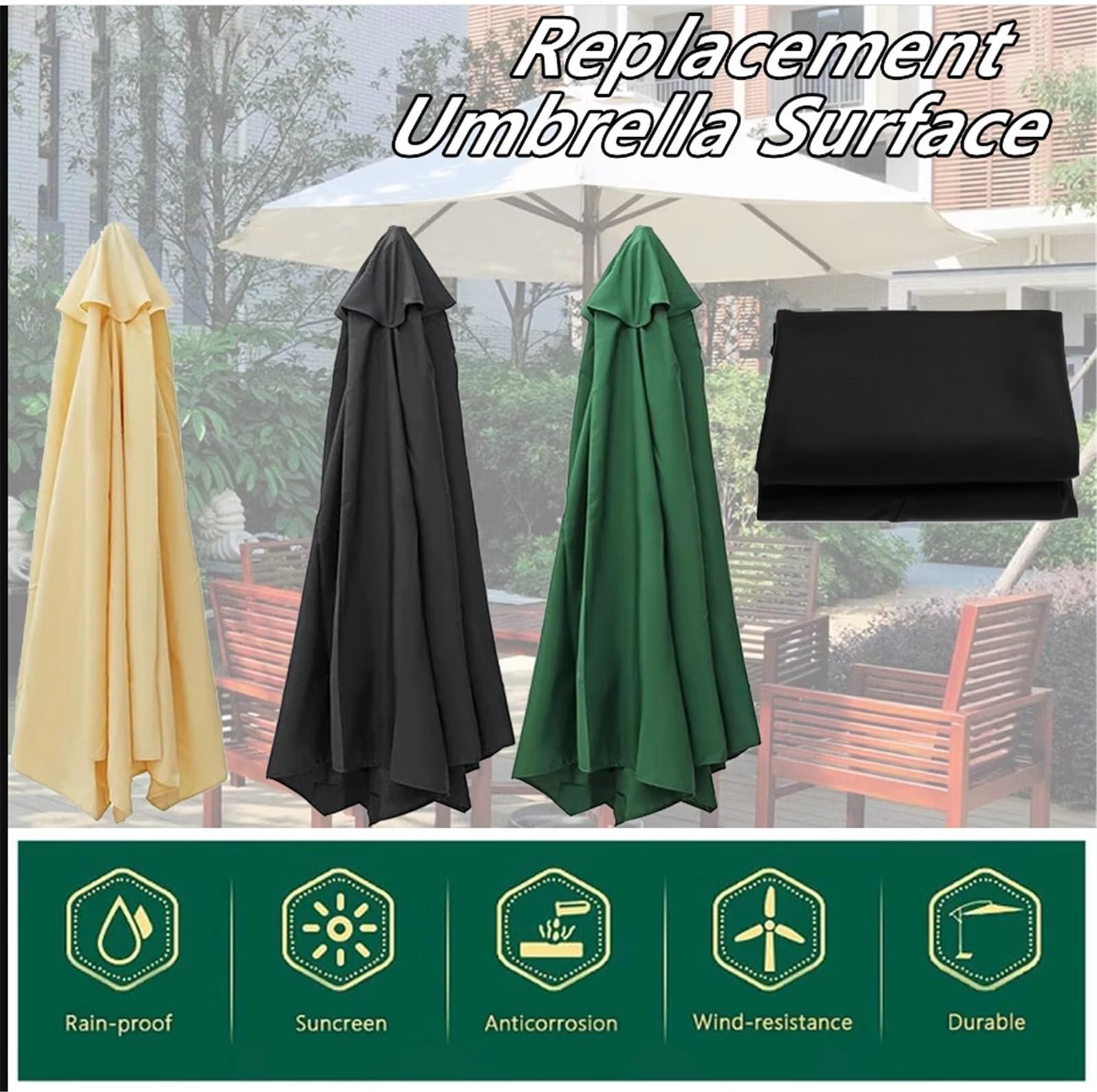Cubierta impermeable para sombrilla de patio al aire libre, resistente a los rayos UV, repuesto para 6/8 varillas, perfecta para jardín, patio, mesa de playa, color negro, 2 m