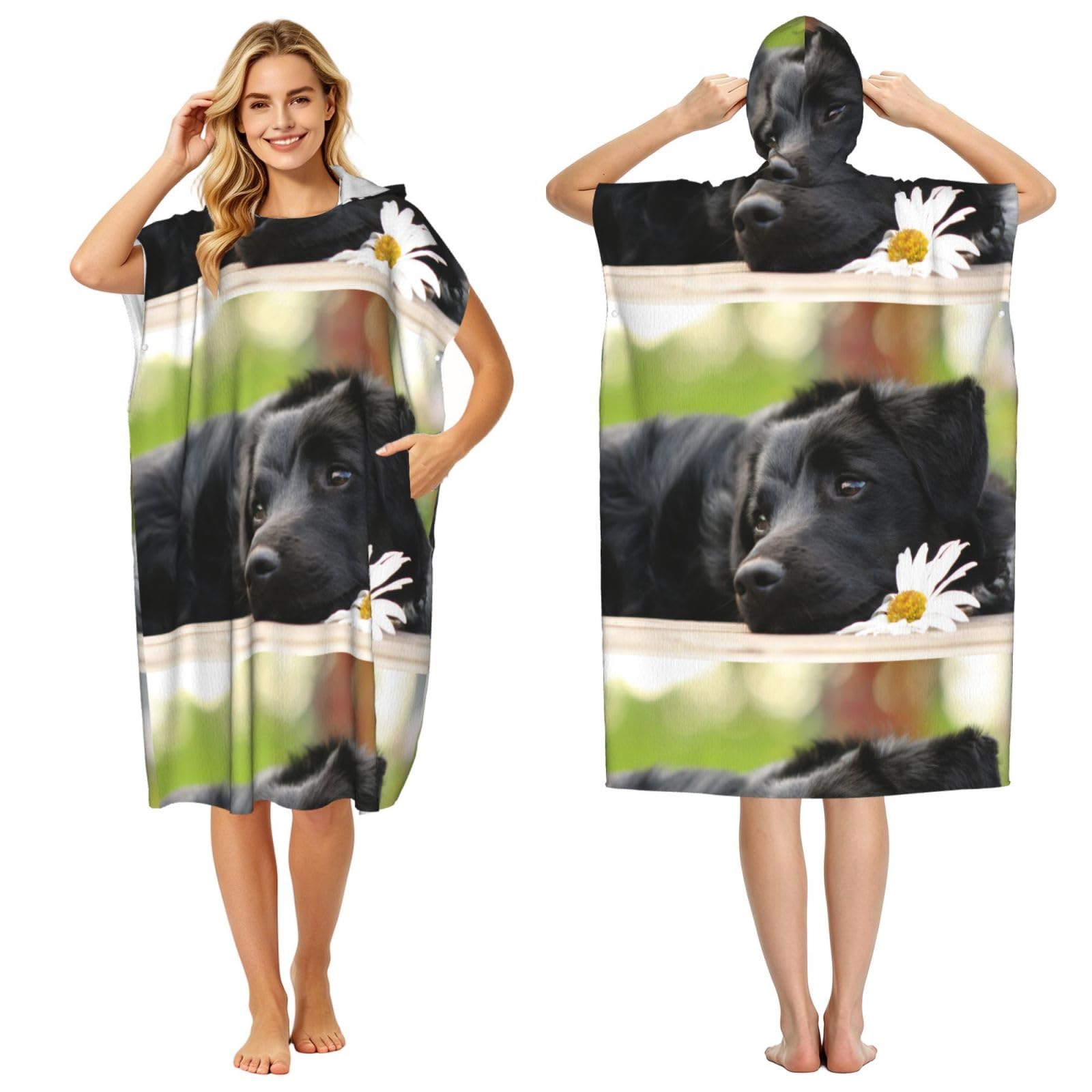 Poadnly Black Labrador Chamomile Black Retriever Dogs, Adult Hooded Beach Towel 90 x 110 cm,Changing Bath Robe, Surf Poncho Towel For Women Men