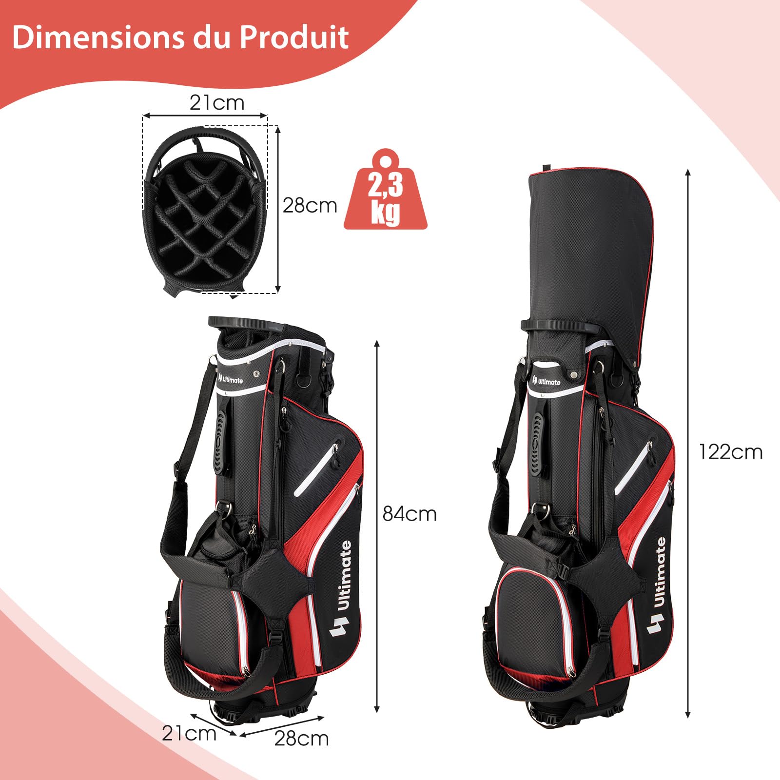 GYMAX Sac de Golf Trépieds avec 14 Séparateurs et 6 Poches de Rangement, pour Boisson, Objets de Valeur, Vêtements, avec Sangle Double, Capuche Anti-Pluie