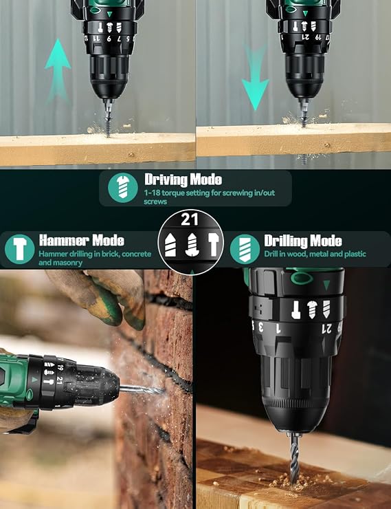KIMO Cordless Hammer Drill Set with 20V 2.0Ah Battery 2 Packs, 21+3 Position, 0-1350 RPM, Max 350 In-lb Torque, 3/8 Keyless Chuck, 14pcs Accessories, Power Drill for Drilling Wood Bricks Walls Metal