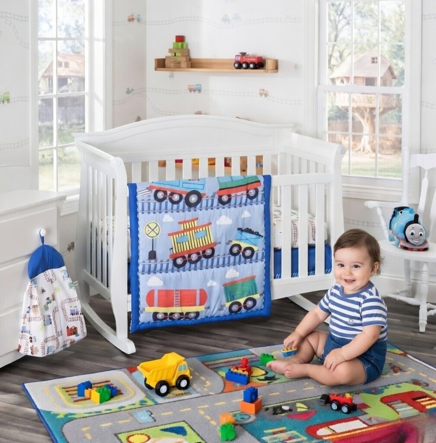 Everyday Kids Juego de cama de 3 piezas para cuna – Incluye edredón, sábana bajera y volantes de polvo – Juego de ropa de cama para cuna de bebé, Choo Choo Tren