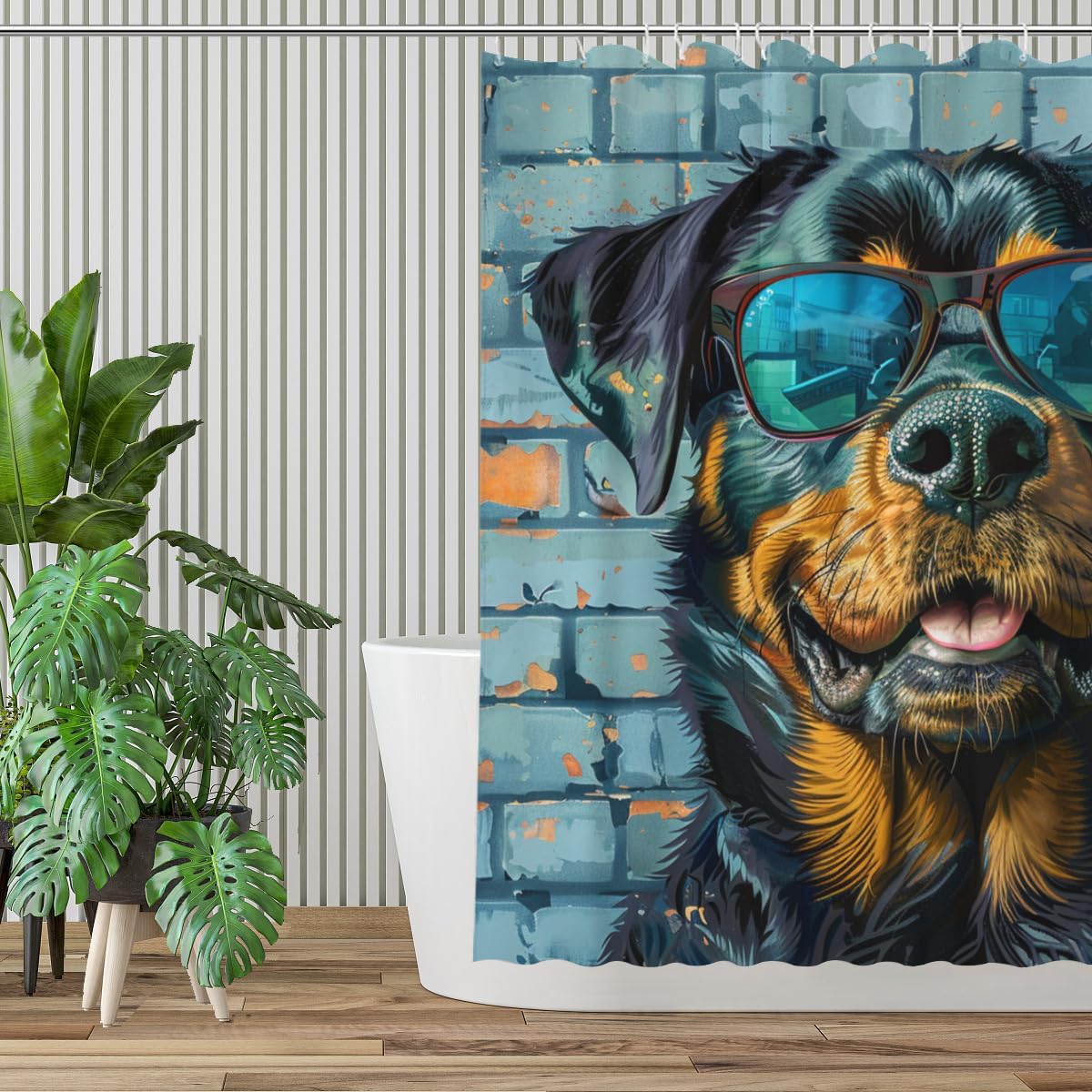 NGZ Rottweiler Shower Curtain with Sunglass Shower Curtain Farmhouse Flower Funny Rustic Blossom Fabric Bathroom Decor Set with Hooks(72Wx72H)
