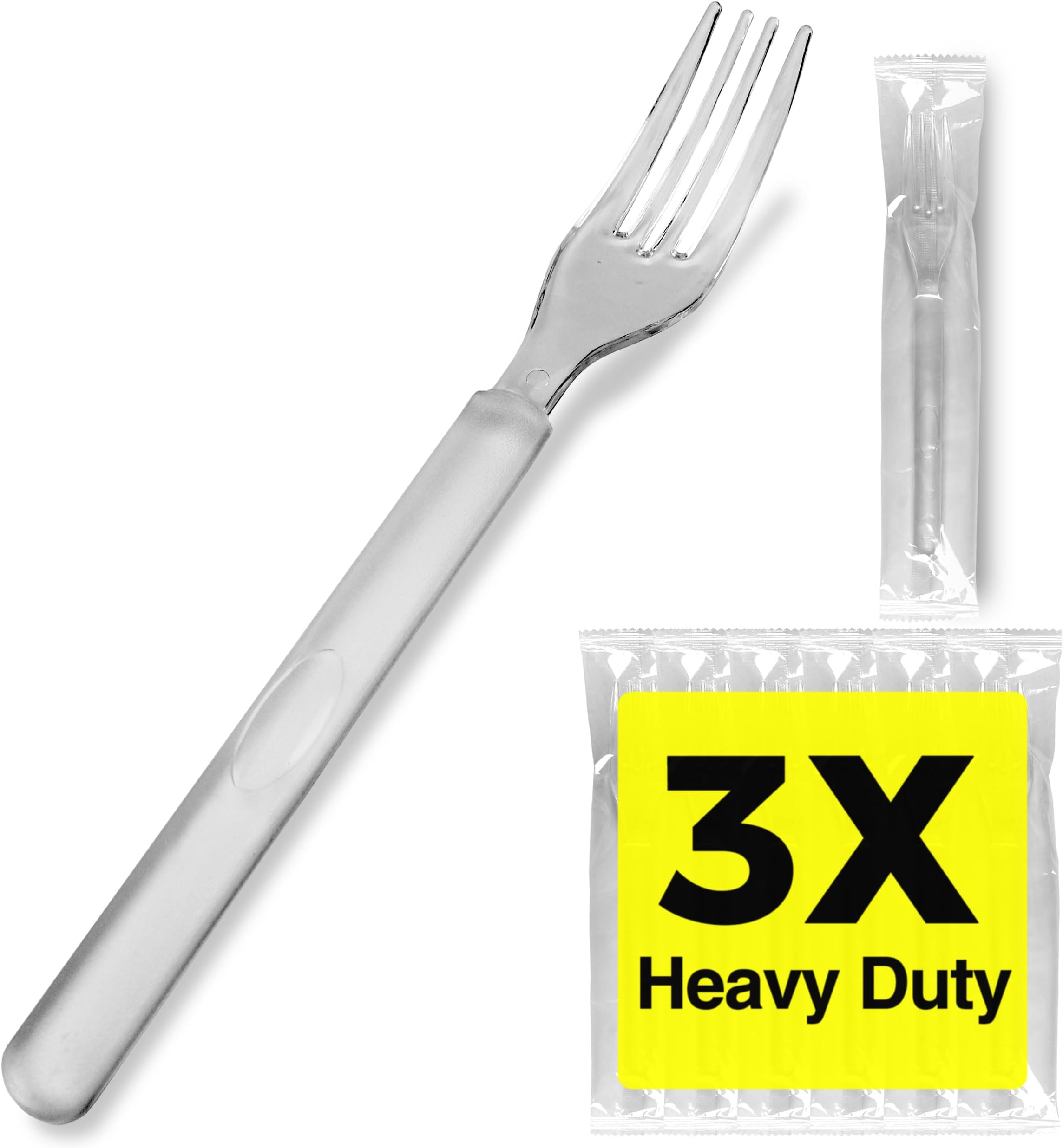 3X Heavy Duty Clear Plastic Forks Individually Wrapped, Sturdy Like Silverware, 100 Pack Disposable Forks Bulk, Packaged To-Go Utensil Set, Perfect for Event Catering, Restaurant and Take Out.