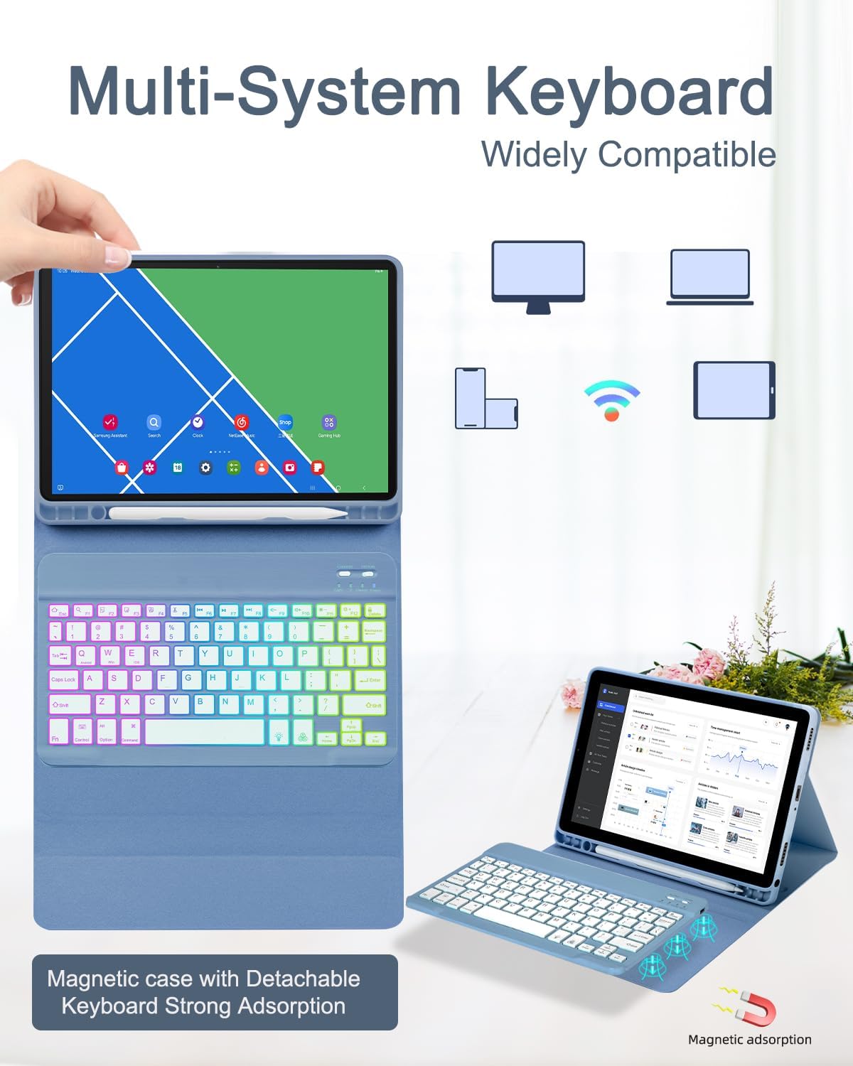 Case with Keyboard Mouse for Samsung Galaxy Tab S10 Lite/S10 FE 5G/S9 FE 10.9 Inch/S9 11 Inch,7 Color Rainbow Backlit Detachable USB-C Keypad Magnetic Cover with Pencil Holder Blue