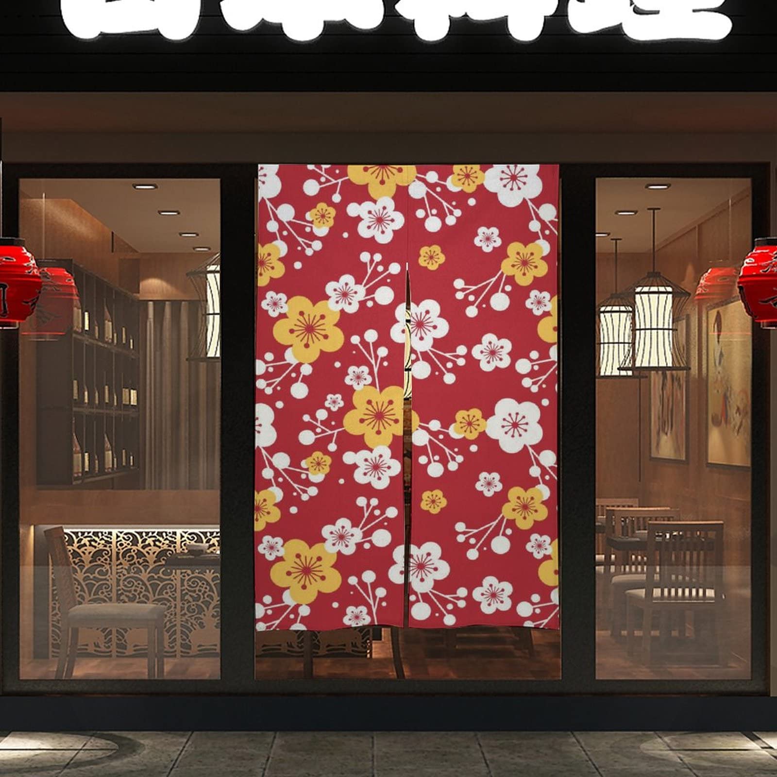 Amazon｜のれん カラフルな花 花柄 赤い背景 【麻 86x143cm 部屋の飾り