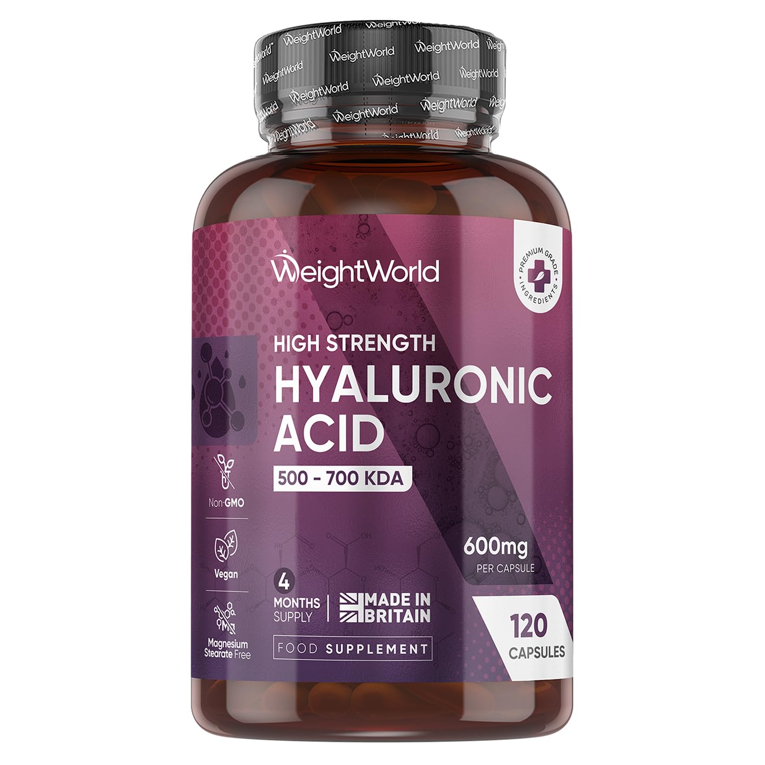 Hyaluronic Acid Supplement 600mg (500-700 KDA) - 1 per Day - 120 High Strength Capsules - 4 Months Supply - Non-GMO, Vegan-Friendly & GMP-Approved Hyaluronic Acid Capsules - Made in The UK