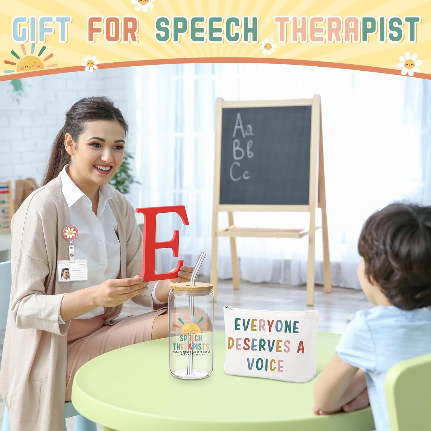 3 Pcs Speech Therapist Appreciation Gifts Set Included 16 oz Glass Cups with Lid Makeup Bag Badge Reel Gift for Speech-language Pathologist Nursing Assistant - Image 5