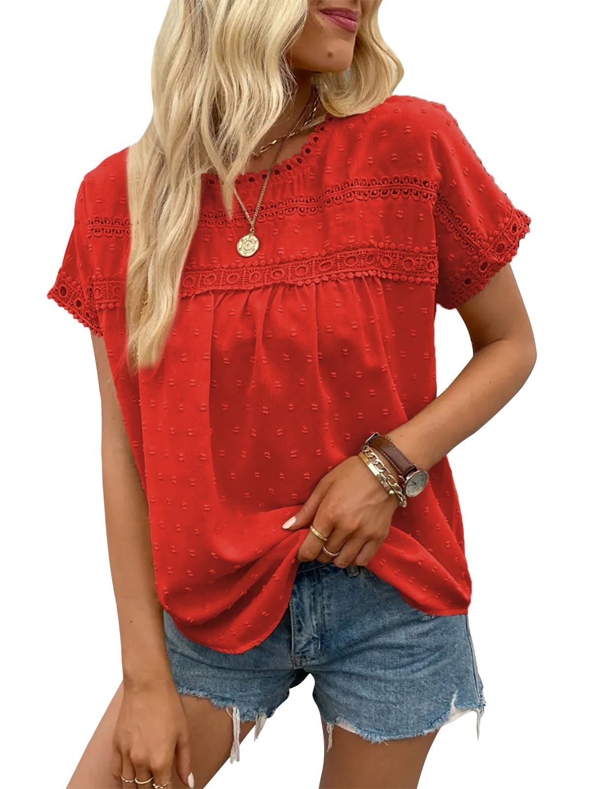 Poetsky Blusas de Verano de Manga Corta con Encaje de Ganchillo para Mujer, Estilo Babydoll, Elegante, Casual, para el Trabajo, Naranja Rojo, Small
