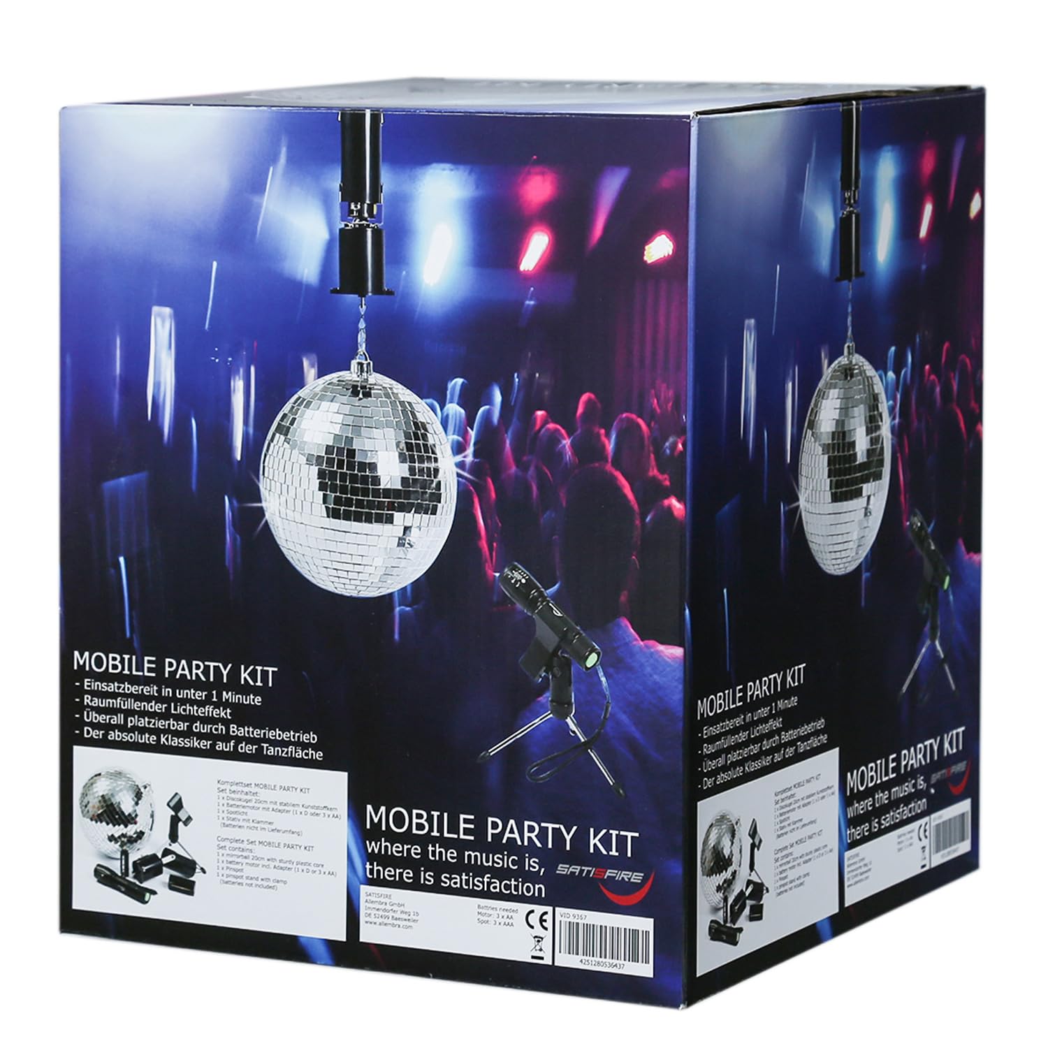 Kit de boule disco mobile de fête - Boule miroir de 20 cm - Moteur à piles - Pinspot - Trépied - Lumière à effet - Kit complet d'éclairage de fête